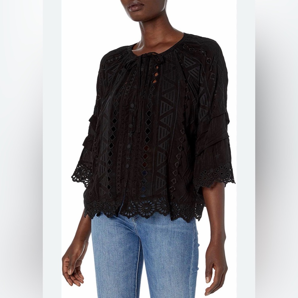Johnny Was Black Embroidered Cupra Rayon Blouse Eyelet Lace Trim Boho Top Size L